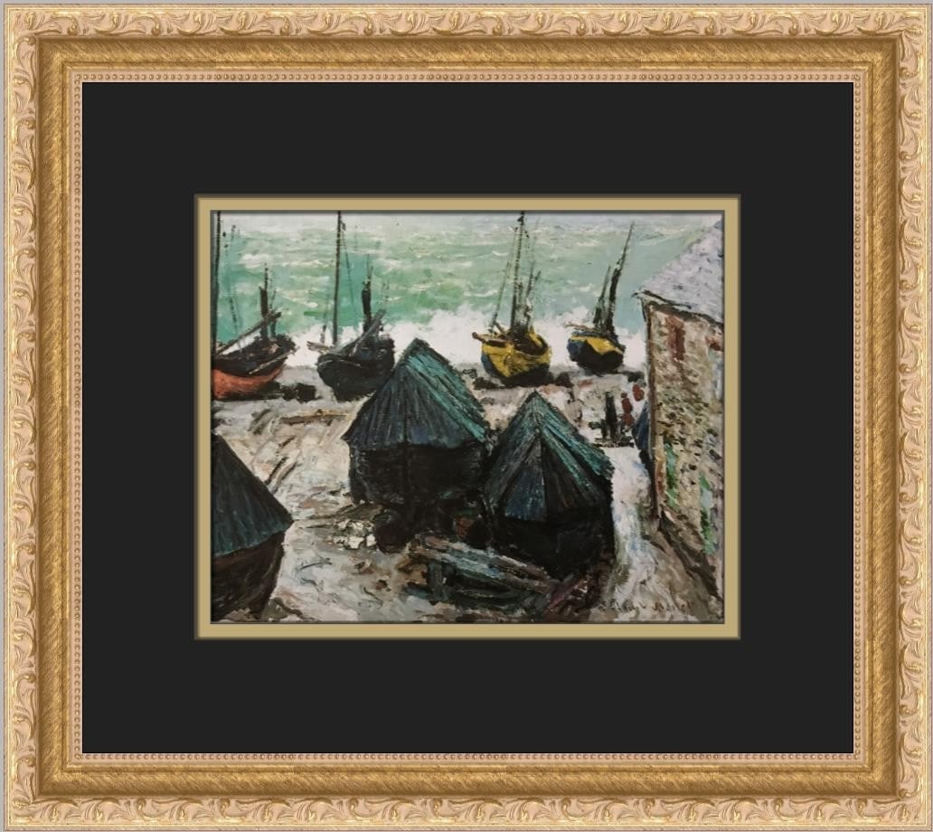 Claude Monet Boats in Winter Quarters Custom Framed Art Print: Claude Monet Boats in Winter Quarters Custom Framed Art Print This exquisite custom framed print features Claude Monet's captivating artwork, "Boats in Winter Quarters at Etretat." Measuring 12 in. x