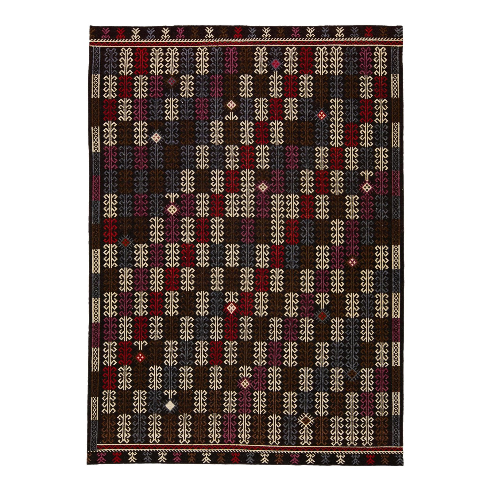 Modern Soumak Hand-Knotted Brown Wool Rug 10' x 14' Geometric Design: Modern Soumak Hand-Knotted Brown Wool Rug 10' x 14' Geometric Design Enhance your living space with this exquisite Modern Soumak hand-knotted wool rug. Featuring a rich dark brown field adorned with v
