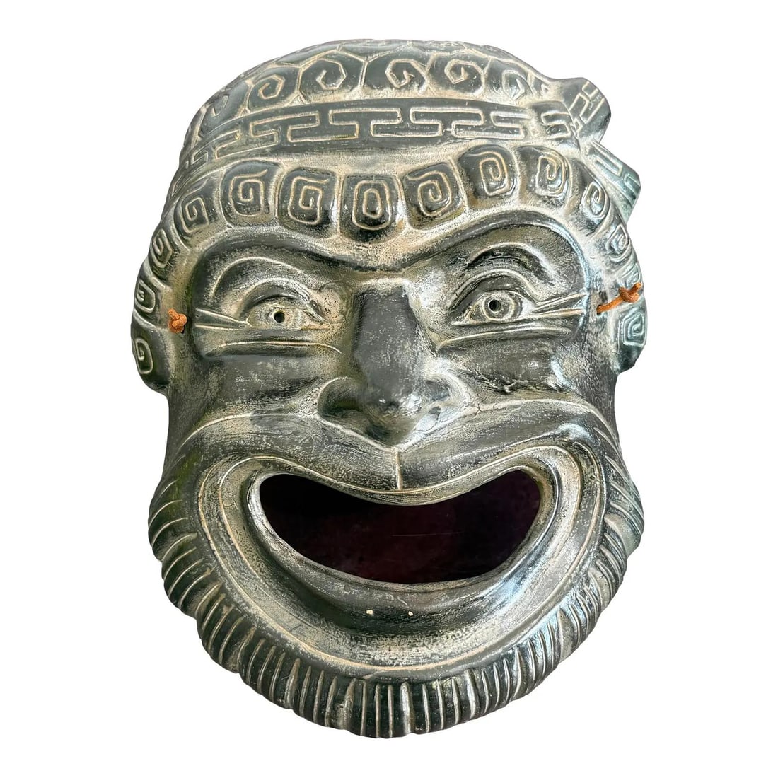 Vintage Greek Ceramic Comedy Mask Wall Art Decor: Vintage Greek Ceramic Comedy Mask Wall Art Decor This vintage Boho Greek comedy face mask is a striking decorative piece inspired by classical Greek theater. It features a wide open mouth and an exagg