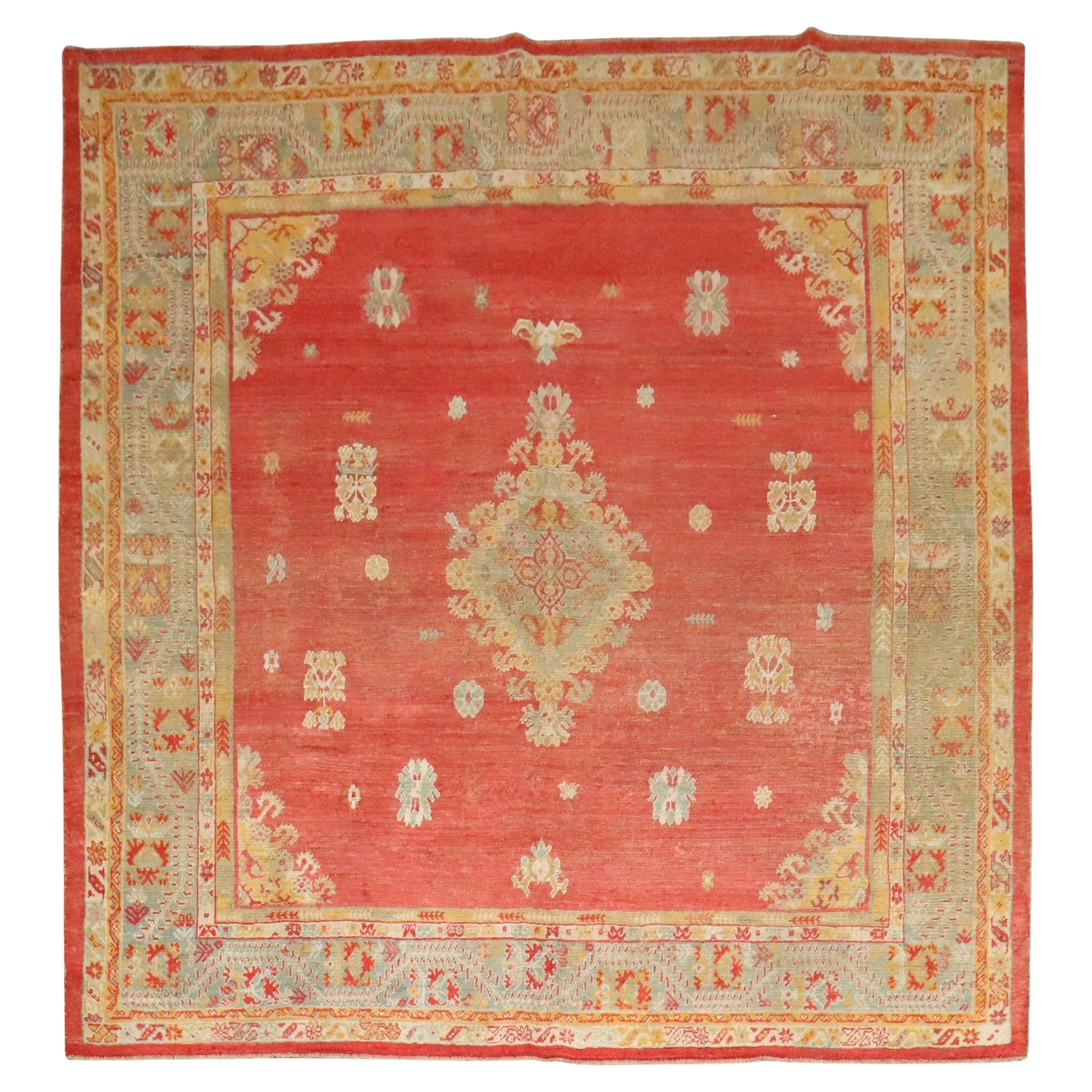 Late 19th Century Turkish Oushak Square Rug in Angora Wool 8' x 8': Late 19th Century Turkish Oushak Square Rug in Angora Wool 8' x 8' This is a late 19th century Turkish Oushak rug in a square size, crafted from angora wool using hand-woven techniques. Featuring the