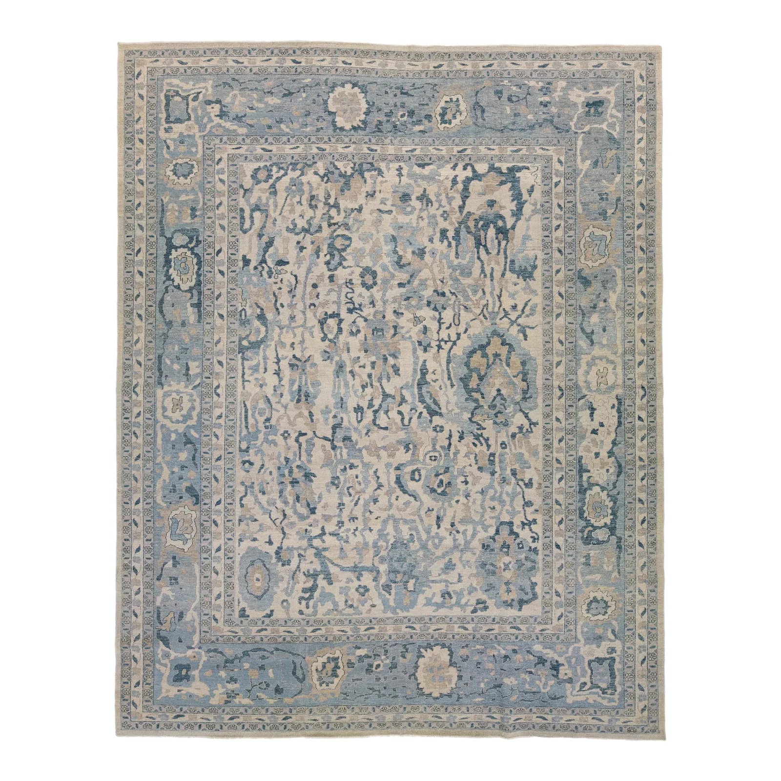 Beige Khotan Wool Rug 11'11 x 15' Floral Design Blue Accents: Beige Khotan Wool Rug 11'11 x 15' Floral Design Blue Accents Enhance your space with this exquisite Khotan wool rug, featuring a beautiful beige color field adorned with allover floral designs and str