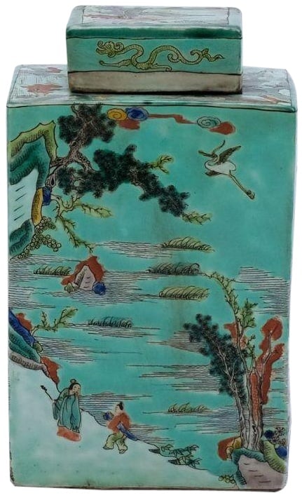 Handmade Square Green Porcelain Landscape Tea Jar Asian Antique Style (1 of 1)