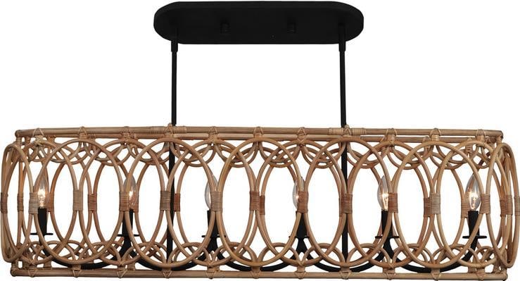 Kalco 42 Inch Matte Black Rattan Island Light Dimmable 6 Bulb: Kalco 42 Inch Matte Black Rattan Island Light Dimmable 6 Bulb Illuminate your space with this elegant 42" Rattan and Steel Island Light, featuring a sleek open frame design that embodies organic moder