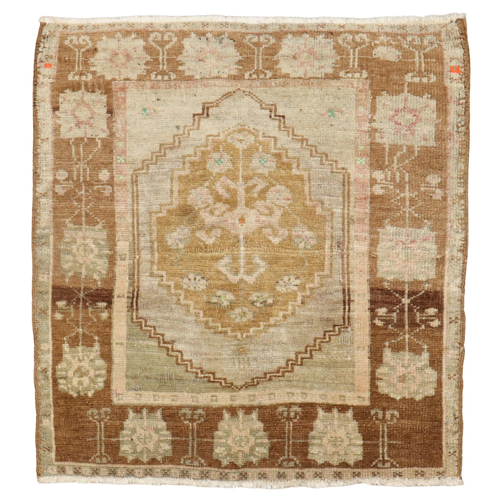 Midcentury Anatolian Turkish Wool Hand-Knotted Square Accent Rug 26 x 27 in: Midcentury Anatolian Turkish Wool Hand-Knotted Square Accent Rug 26 x 27 in This mid-20th-century Turkish Anatolian throw rug features a neutral color palette and a Gustavian-inspired design. Hand-kno