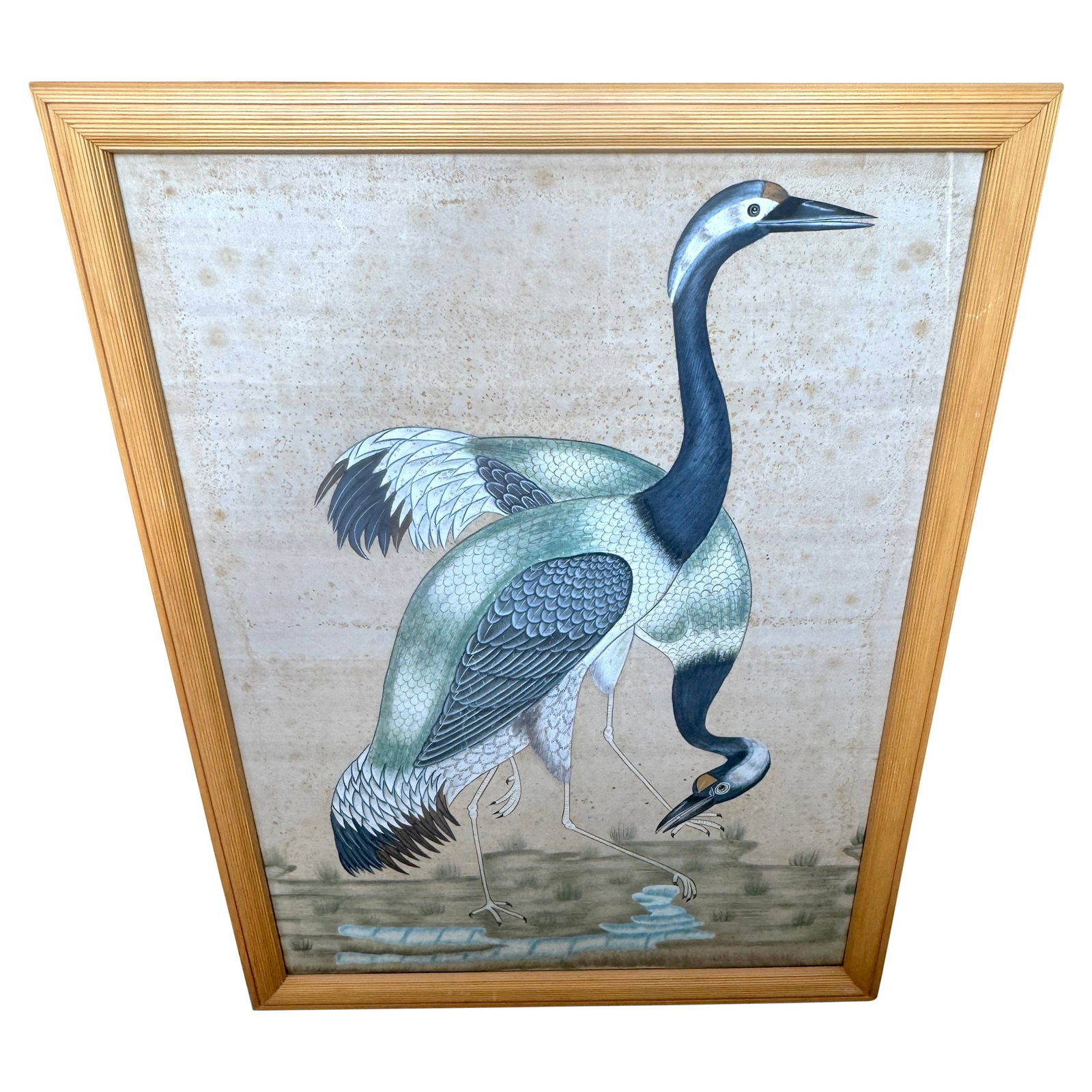 Hand-Painted Chinese Silk Scroll with Two Blue Cranes Framed Mid-20th Century (1 of 13)