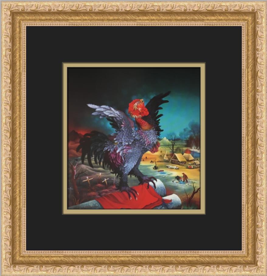 Ivan Vecenaj Gray Rooster Custom Framed Surrealist Print: Ivan Vecenaj Gray Rooster Custom Framed Surrealist Print This stunning custom framed print titled "Gray Rooster" by artist Ivan Vecenaj captures the essence of surrealism with vibrant colors and intri