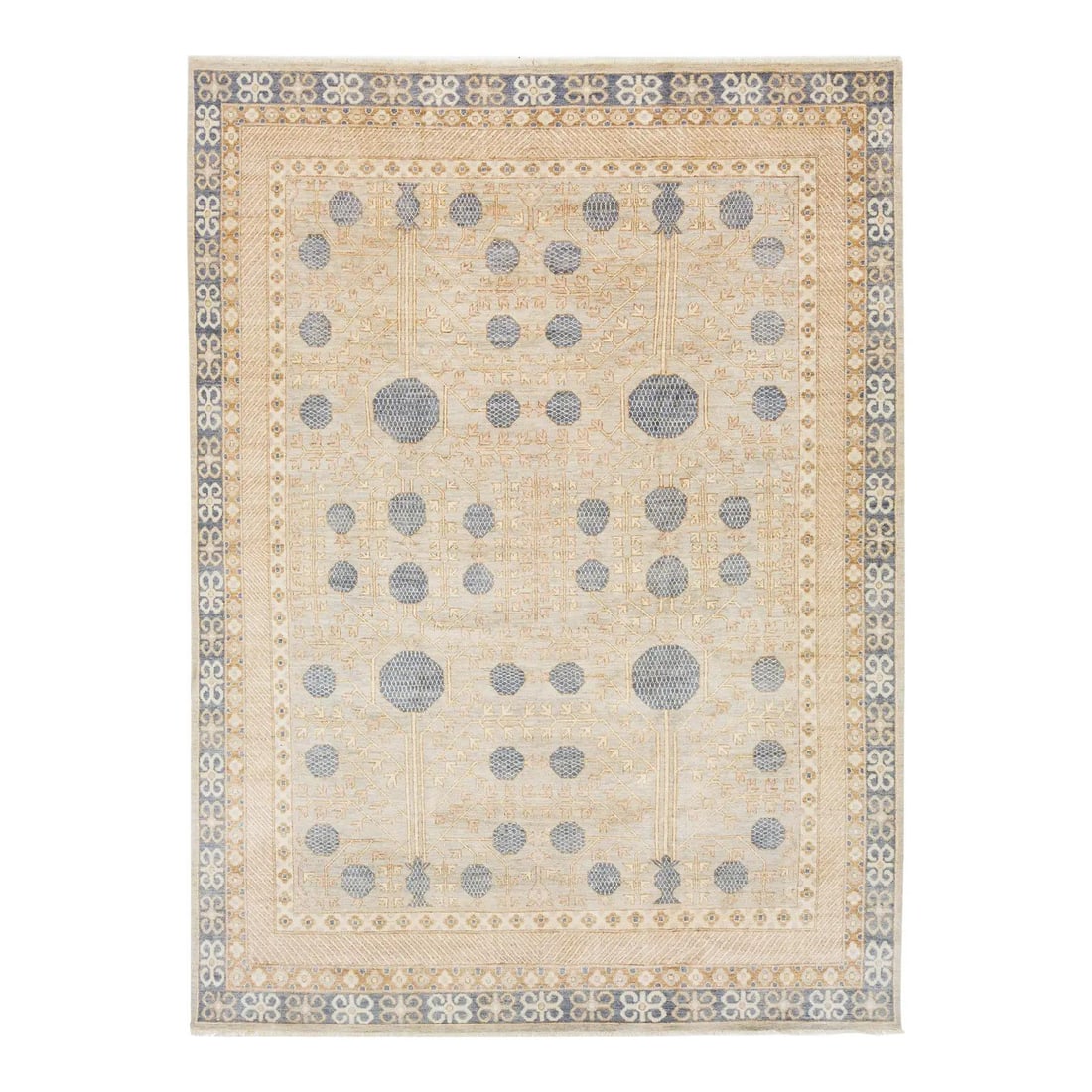 Handmade 9 x 12 Khotan Style Wool Rug in Mist Gray: Handmade 9 x 12 Khotan Style Wool Rug in Mist Gray Experience the elegance of this Khotan-style hand-knotted wool rug, featuring a soft Mist Gray background adorned with delicate touches of gold, pink