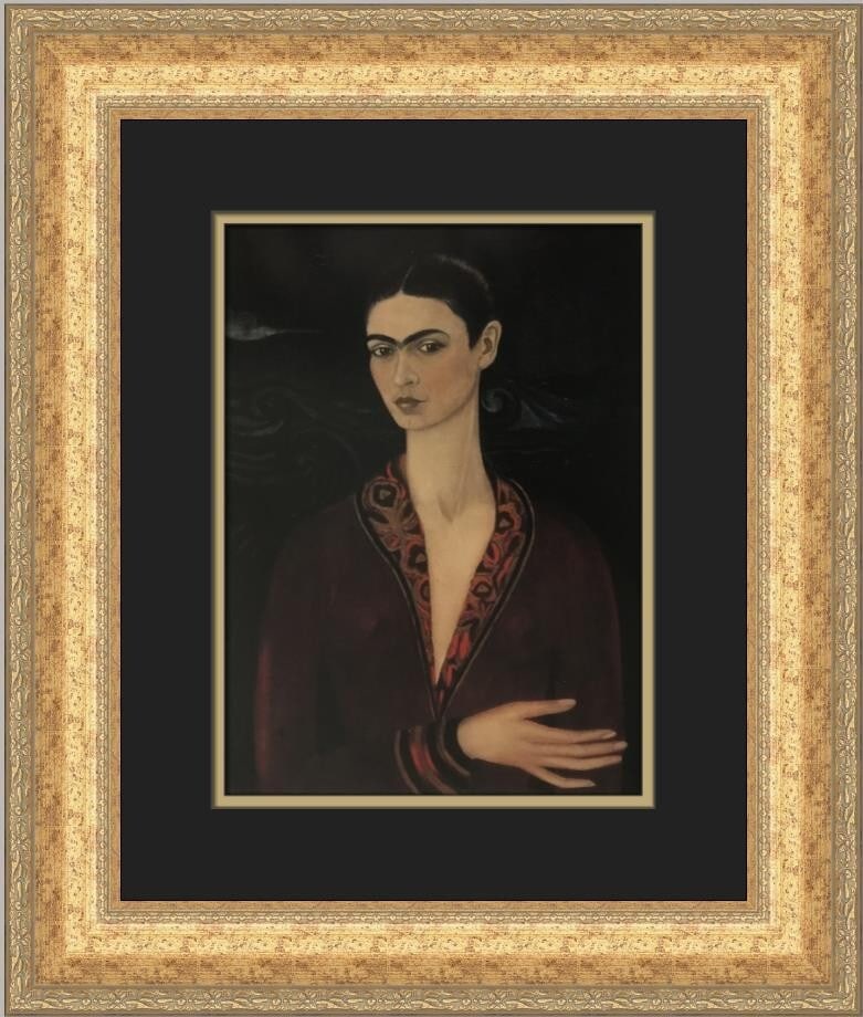 Frida Kahlo Self-Portrait Velvet Dress Custom Framed Art Print: Frida Kahlo Self-Portrait Velvet Dress Custom Framed Art Print This captivating custom framed print features Frida Kahlo's renowned artwork, "Self-Portrait with Velvet Dress." The print is produced us