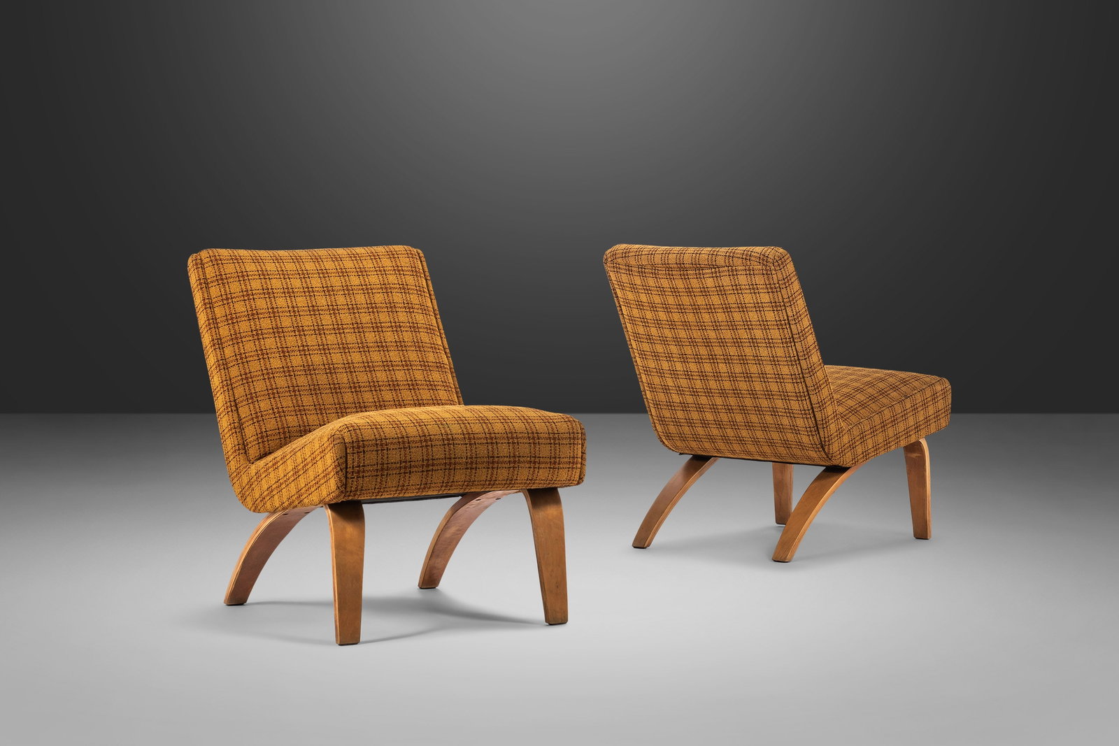 Thonet 1940s Yellow Plaid Bentwood Slipper Chairs Set of 2: Thonet 1940s Yellow Plaid Bentwood Slipper Chairs Set of 2 This set of two Bentwood Slipper Chairs showcases a delightful combination of vintage charm and modern comfort, featuring original yellow pla