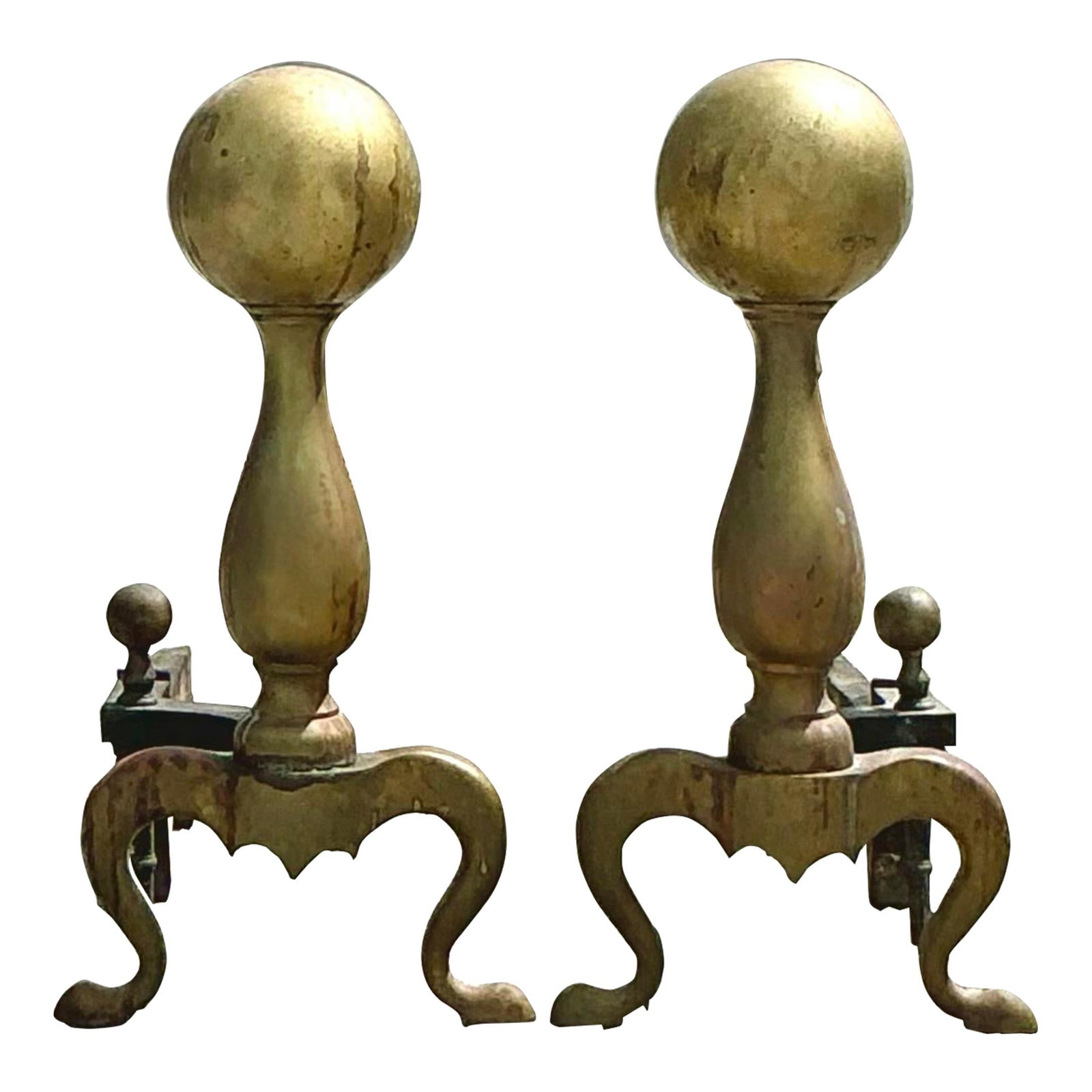 Antique 19th Century Brass Cannonball Andirons Set of 2 (1 of 5)