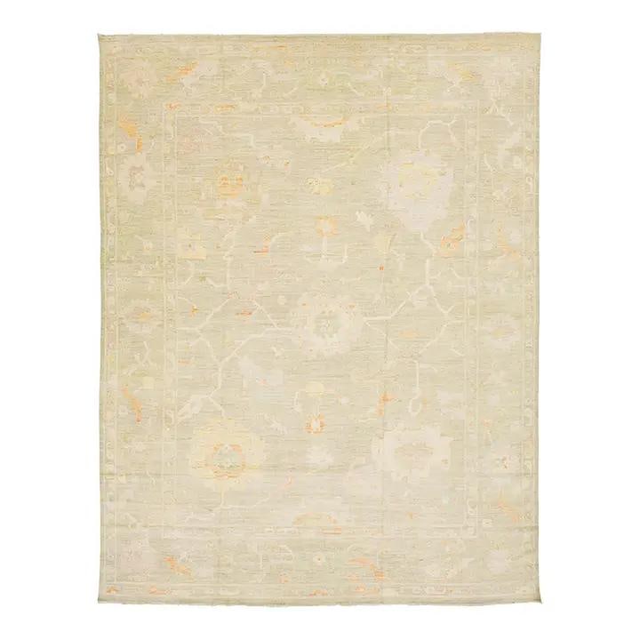 11'7" x 14'11" Oushak-Style Wool Area Rug with Sage and Apricot Floral Pattern: 11'7" x 14'11" Oushak-Style Wool Area Rug with Sage and Apricot Floral Pattern This elegant hand-knotted wool rug features a contemporary take on the classic Oushak style, blending traditional Turkish