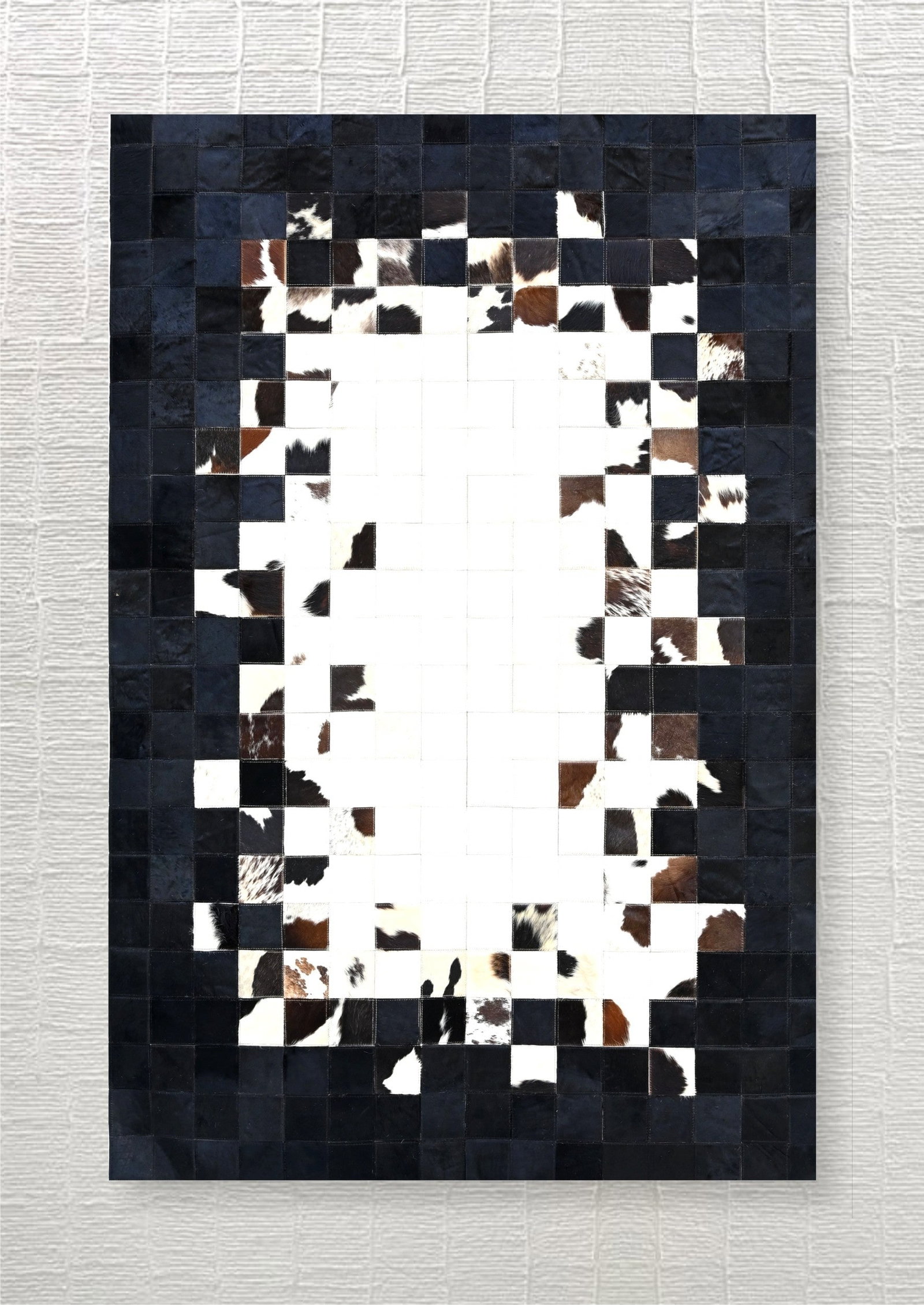 Handcrafted Midnight Checkerboard Tricolor Patchwork Cowhide Leather Rug 3FT x 5FT: Handcrafted Midnight Checkerboard Tricolor Patchwork Cowhide Leather Rug 3FT x 5FT Free continental US Shipping This handcrafted rug features a striking midnight checkerboard pattern combined with nat