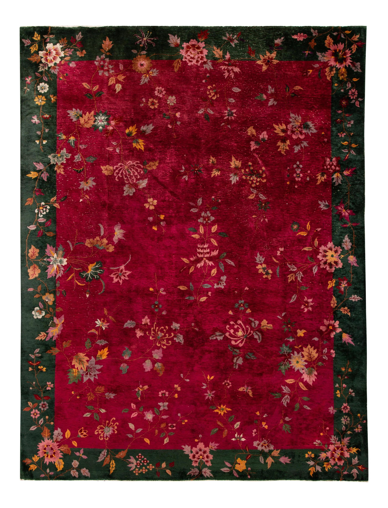 Antique Chinese Art Deco Wool Rug Red Floral 8'8" x 11'5": Antique Chinese Art Deco Wool Rug Red Floral 8'8" x 11'5" This stunning Antique Chinese Art Deco rug features a rich red field complemented by a green frame, showcasing an elegant allover Classic Chin