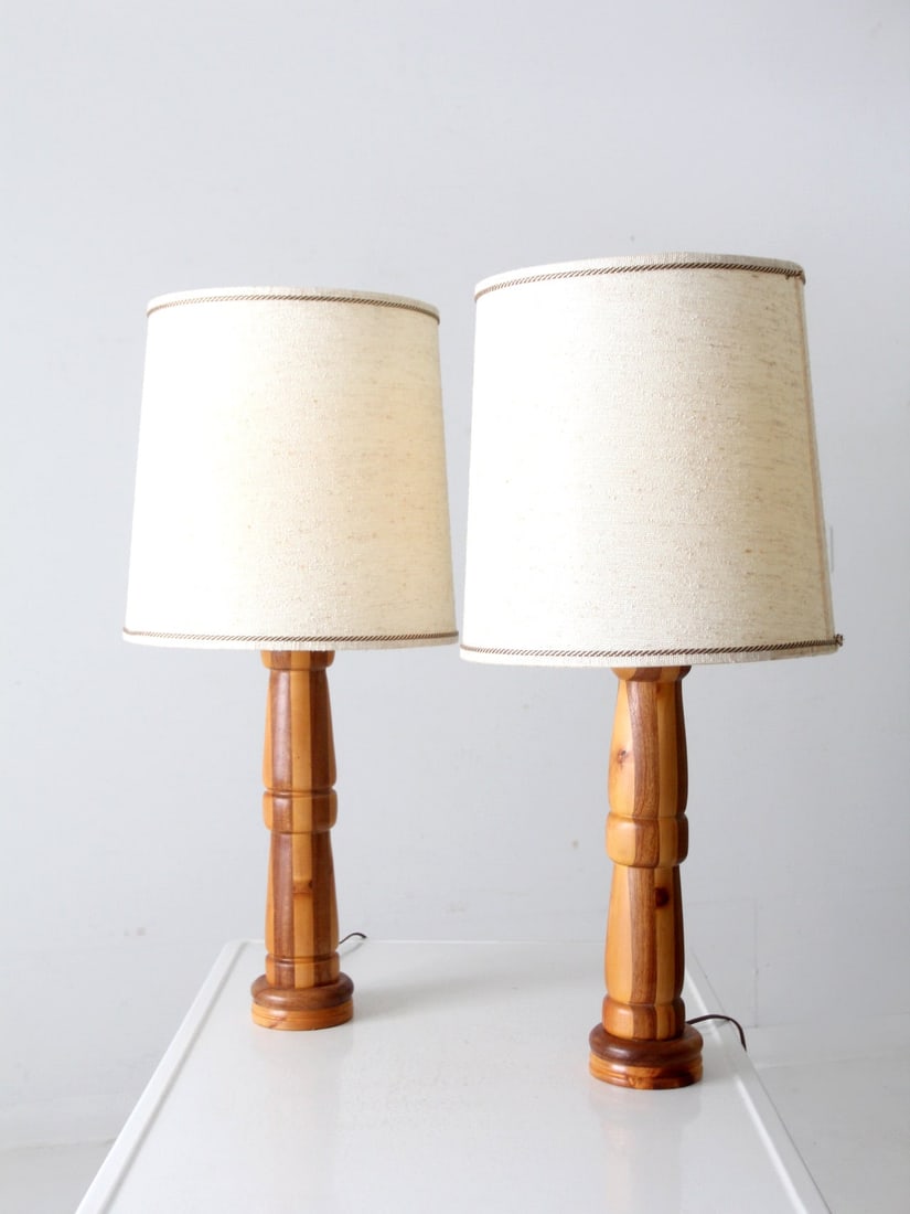 Vintage Hand-Turned Wood Table Lamps Pair with Cream Shades (1 of 12)
