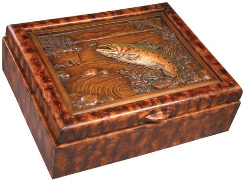 Lodge Style Decorative Box with Hinged Lid and Trout Design: Lodge Style Decorative Box with Hinged Lid and Trout Design This item is made at time of order. Please allow 42 to 70 days for production. This decorative lodge-style box features a charming design wi