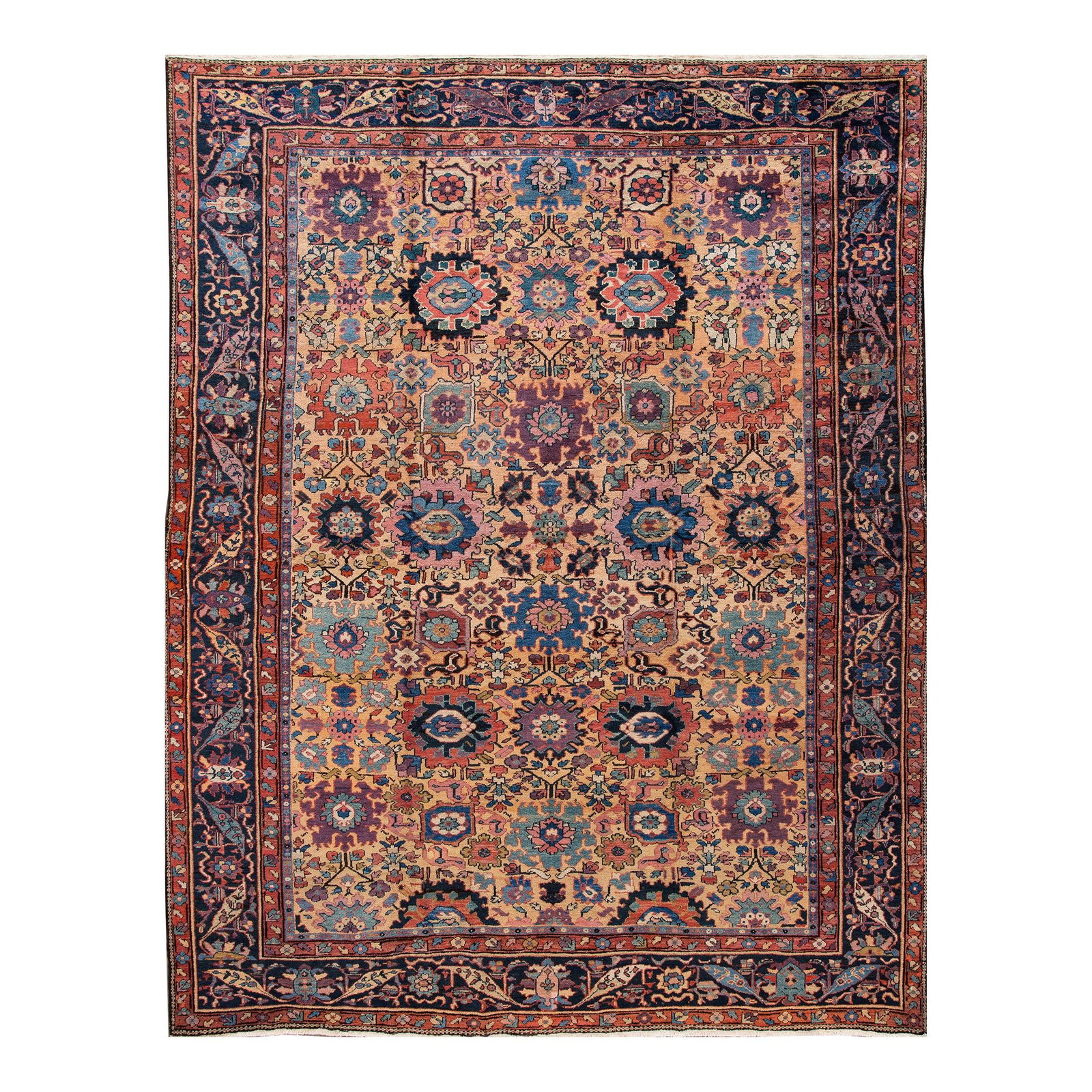 Antique Mahal Hand-Knotted Tan Wool Rug 11' x 14' Floral Design: Antique Mahal Hand-Knotted Tan Wool Rug 11' x 14' Floral Design Enhance your space with this exquisite Antique Mahal hand-knotted wool rug featuring a warm tan color field complemented by navy blue an