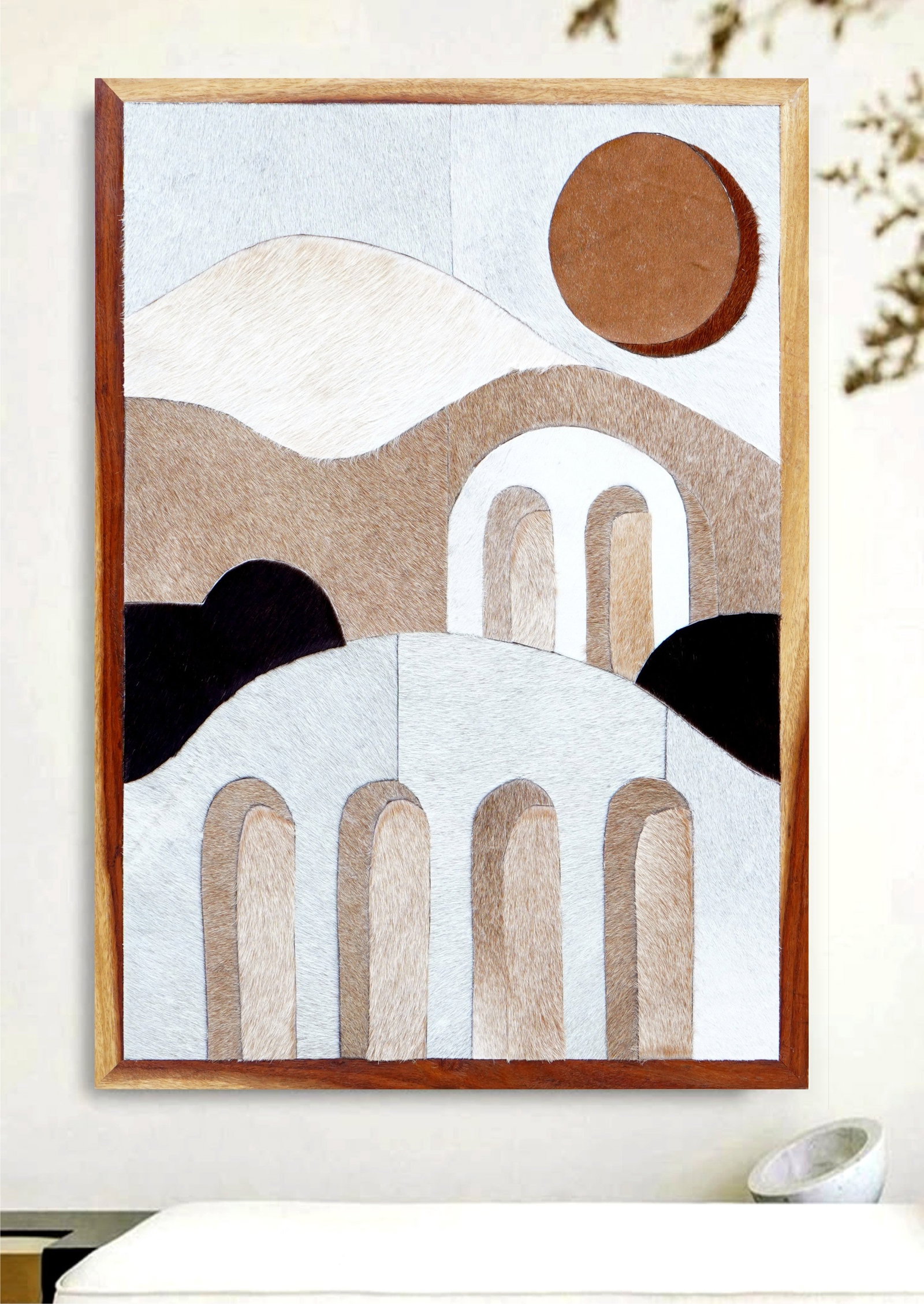 Handcrafted Cowhide Mosaic Wall Art Roman Arch and Sun Minimalist Design 12x12: Handcrafted Cowhide Mosaic Wall Art Roman Arch and Sun Minimalist Design 12x12 Free continental US Shipping This handcrafted wall art features a minimalist design inspired by Roman architecture, showc