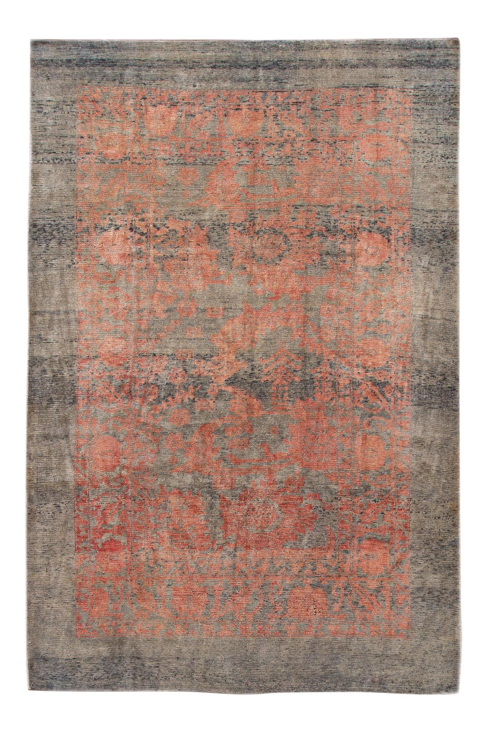 Modern Revival Gray Orange Geometric Floral Wool Rug 6'4 x 10': Modern Revival Gray Orange Geometric Floral Wool Rug 6'4 x 10' Enhance your living space with this stunning Modern Revival handmade wool rug. Featuring a beautiful beige and gray field, this hand-knot