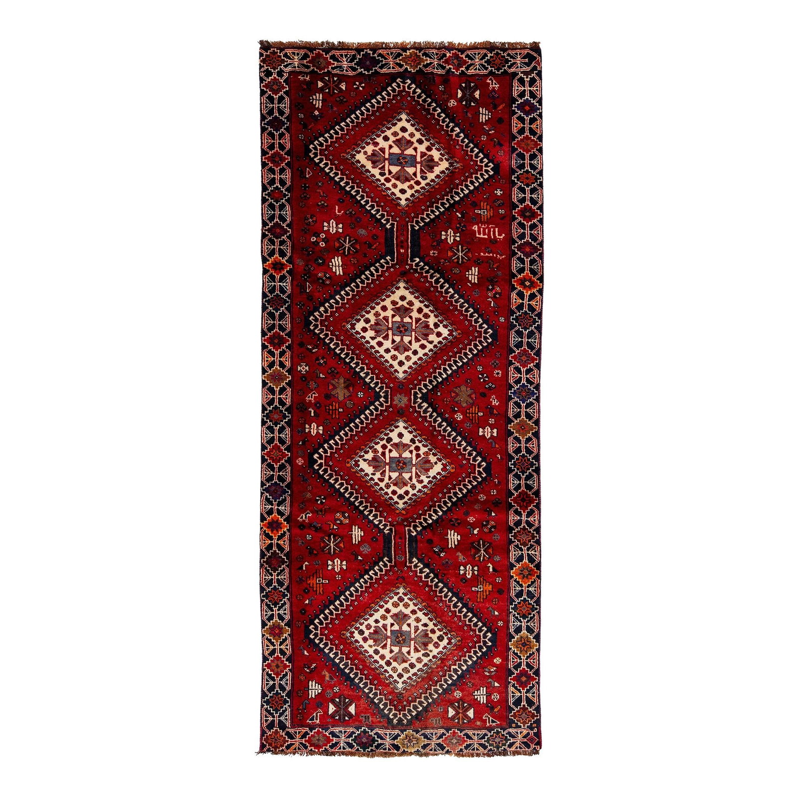 Vintage Persian Hand-Knotted Wool Rug Tribal Design Red Field 3'9 x 9'4: Vintage Persian Hand-Knotted Wool Rug Tribal Design Red Field 3'9 x 9'4 Enhance your space with this Vintage Persian hand-knotted wool rug, showcasing a vibrant red field adorned with a captivating tr