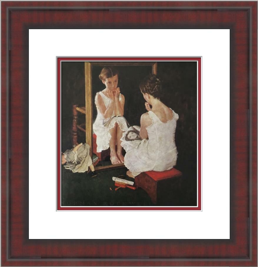 Norman Rockwell Girl at Mirror Custom Framed Print Americana Art: Norman Rockwell Girl at Mirror Custom Framed Print Americana Art This beautifully custom framed print titled 'Girl at the Mirror' by Norman Rockwell captures the essence of Americana figurative art. T