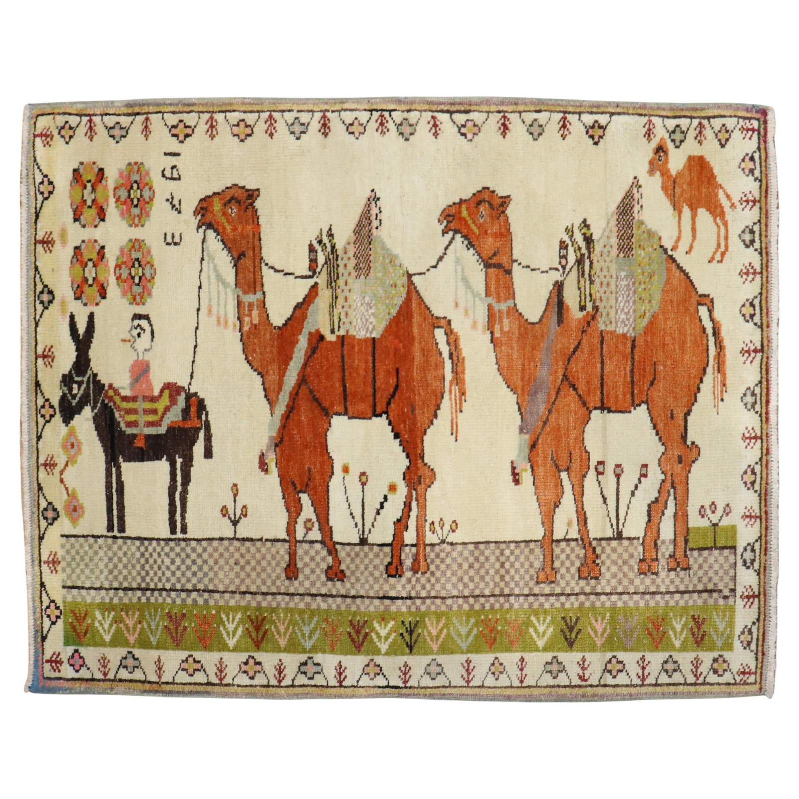 Vintage 1973 Zabihi Collection Turkish Oushak Camel Rug 3' x 4': Vintage 1973 Zabihi Collection Turkish Oushak Camel Rug 3' x 4' This vintage Turkish Anatolian rug features an exquisite hand-knotted design depicting camels and horses set against an ivory field. Cra