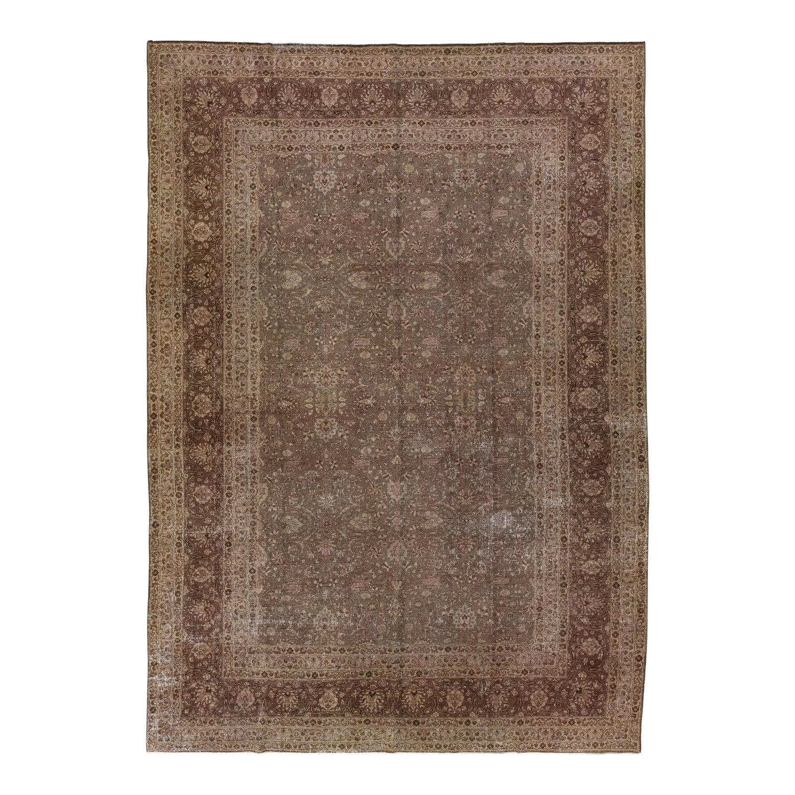 Antique Persian Tabriz Handmade Wool Rug Brown Floral Design 10'6 x 14'10: Antique Persian Tabriz Handmade Wool Rug Brown Floral Design 10'6 x 14'10 This exquisite antique Persian Tabriz rug features a stunning all-over floral design in a rich brown color field, complemented