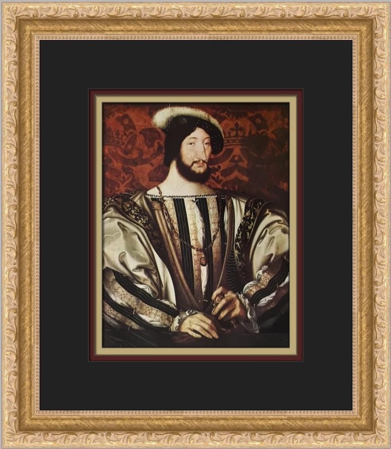 Framed offset print of Francis I after Jean Clouet with custom matting: Framed offset print of Francis I after Jean Clouet with custom matting This is a custom-framed offset lithograph print of "Francis I" after Jean Clouet. Produced as an open edition print in 1992, the
