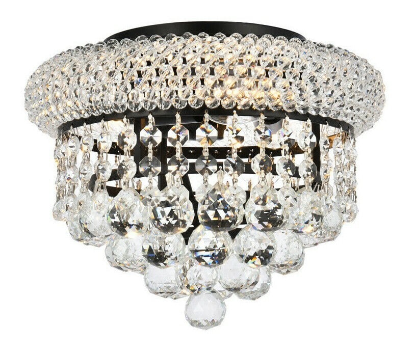 Primo 10 Inch Black Crystal Flush Mount Ceiling Chandelier with 3 Lights: Primo 10 Inch Black Crystal Flush Mount Ceiling Chandelier with 3 Lights This is a pre-owned modern flush mount chandelier featuring a black finish with clear Royal Cut crystals. Designed in an empire