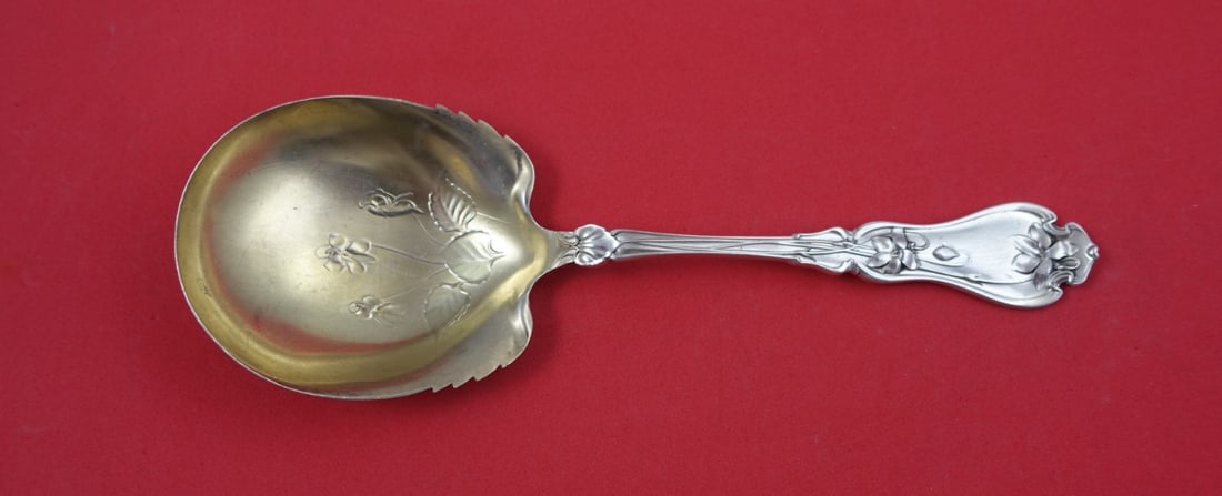 Sterling Silver Preserve Spoon Violet Pattern Gold Washed Bowl by Whiting 7 1/4": Sterling Silver Preserve Spoon Violet Pattern Gold Washed Bowl by Whiting 7 1/4" This is a Whiting preserve spoon crafted in the Violet pattern from sterling silver. The spoon features an intricate de