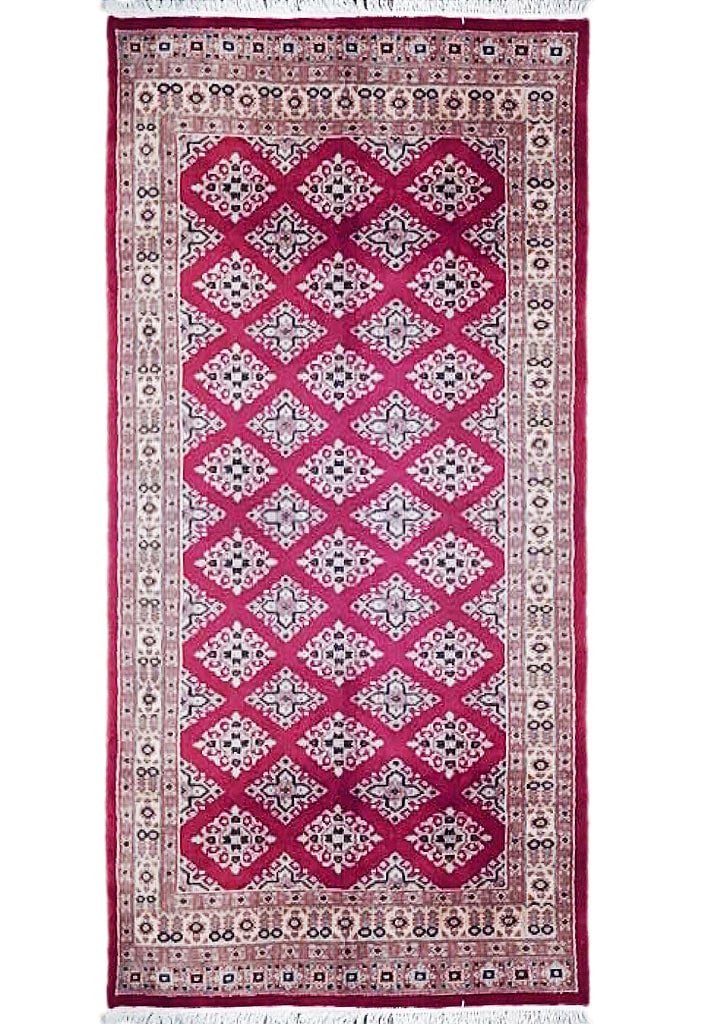 Hand-Knotted Red Jaldar Bokhara Rug 3'1" x 5'2" Wool Area Rug: Hand-Knotted Red Jaldar Bokhara Rug 3'1" x 5'2" Wool Area Rug Free continental US Shipping Introducing the exquisite 3' x 5' Red Jaldar Bokhara Rug, a timeless masterpiece that seamlessly blends tradi