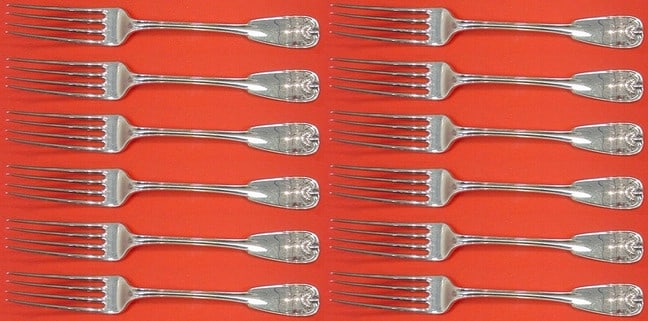 Tiffany & Co Palm Sterling Silver Fork Set 12 Pieces 7 1/8": Tiffany & Co Palm Sterling Silver Fork Set 12 Pieces 7 1/8" Enhance your dining experience with this exquisite 12-piece regular fork set from Tiffany & Co., featuring the elegant Palm pattern. Crafted