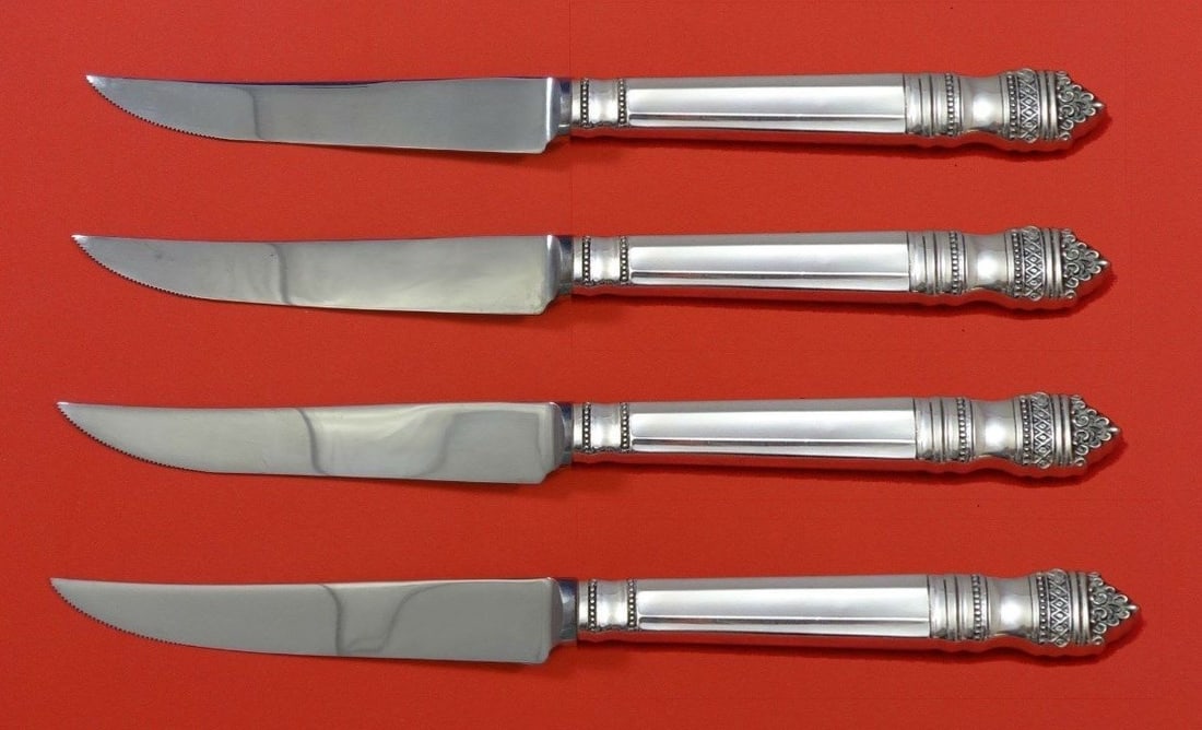 Towle Danish Baroque Sterling Silver Steak Knife Set 4pc Custom 8.5": Towle Danish Baroque Sterling Silver Steak Knife Set 4pc Custom 8.5" Elevate your dining experience with this exquisite 4-piece steak knife set featuring the elegant Danish Baroque pattern by Towle. C