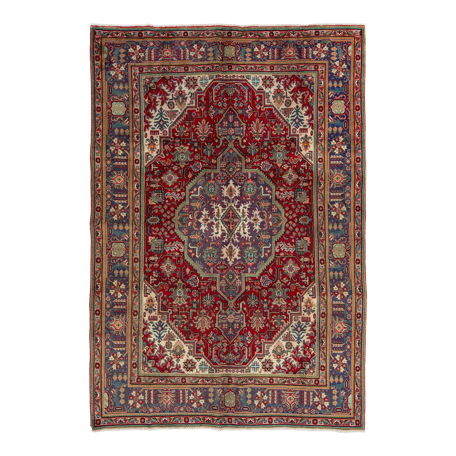 Vintage Tabriz Persian Wool Rug Red Medallion 6'8 x 9'9: Vintage Tabriz Persian Wool Rug Red Medallion 6'8 x 9'9 Enhance your space with this exquisite Vintage Persian Handmade Wool Rug, featuring a striking Tabriz design adorned with a medallion motif in r