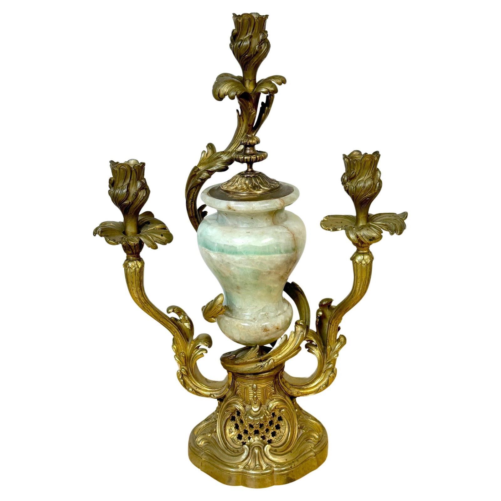 19th Century Louis XVI Ormolu Candelabra with Green Quartz Urn (1 of 17)