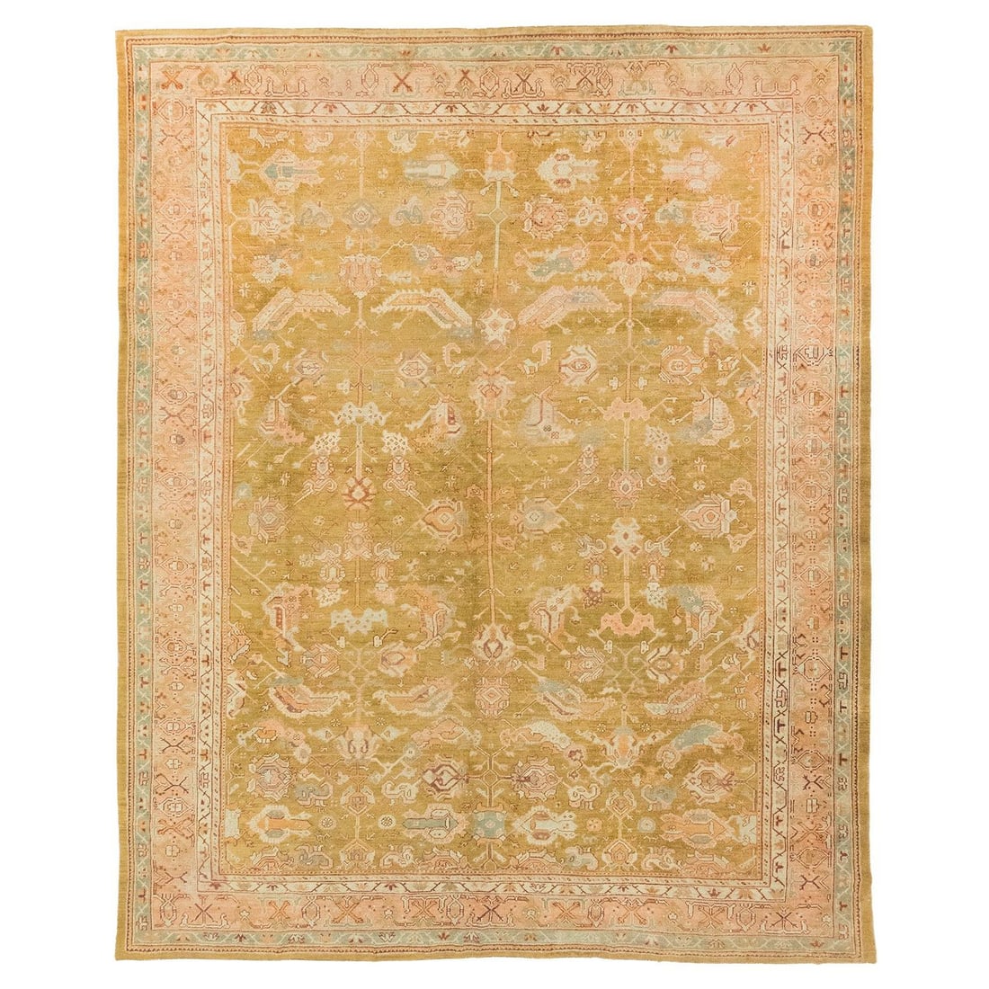 Oversized Green Wool Oushak Rug Early 20th Century Turkish Handwoven: Oversized Green Wool Oushak Rug Early 20th Century Turkish Handwoven This large antique Turkish Oushak rug features a soft green tone and showcases traditional hand-woven craftsmanship in wool. Origin