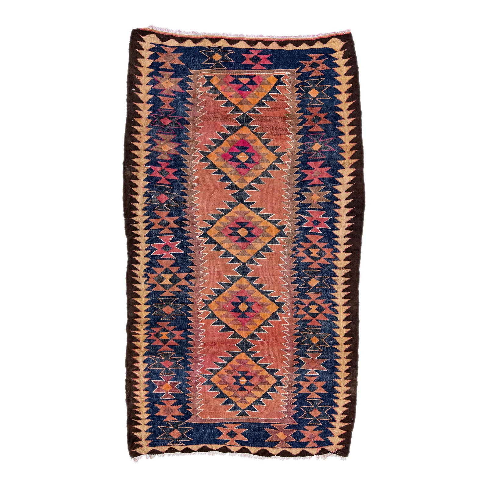Vintage 1960s Turkish Kilim Multicolor Handmade Wool Rug 4' x 7'1": Vintage 1960s Turkish Kilim Multicolor Handmade Wool Rug 4' x 7'1" This exquisite vintage Turkish Kilim rug showcases a stunning hand-knotted wool construction, featuring a vibrant orange field framed