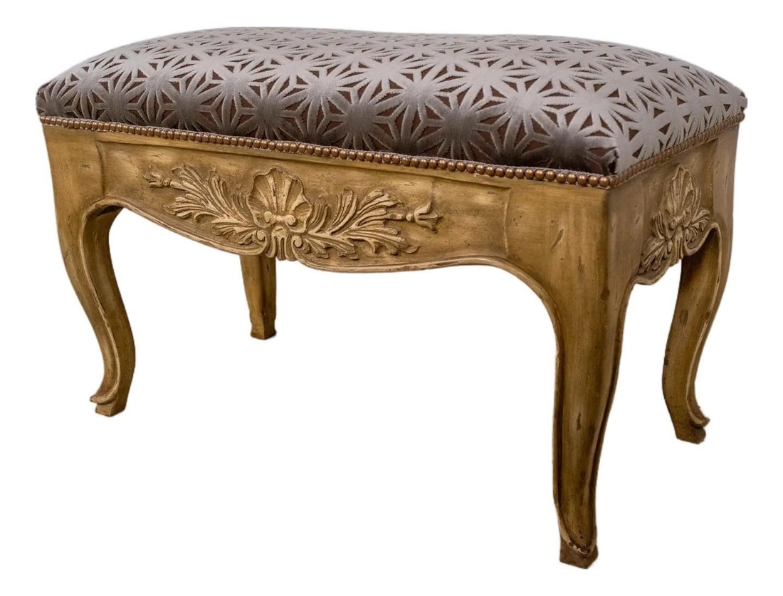 Vintage French Shell Carved Upholstered Bench with New Upholstery (1 of 10)
