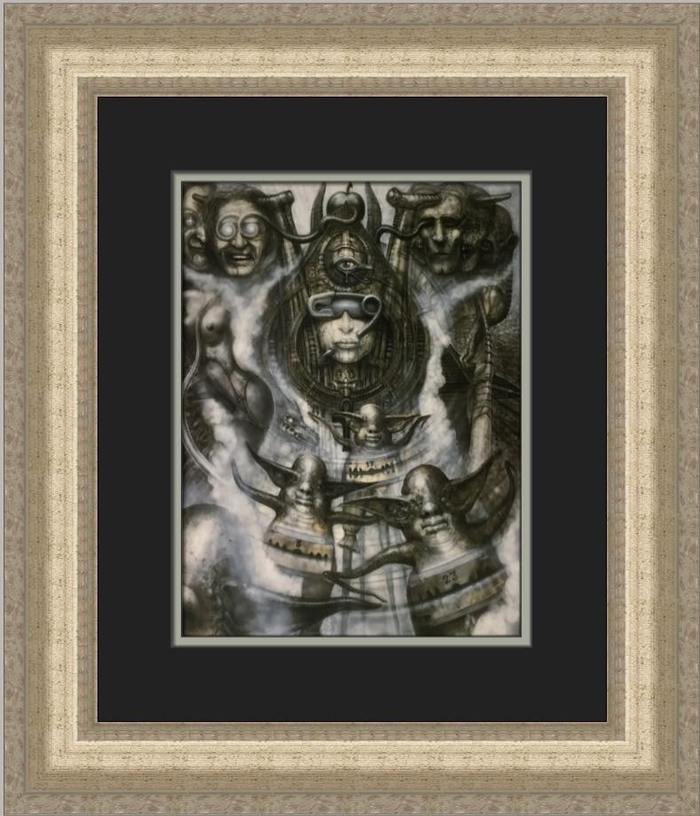 H.R. Giger Illuminatus I Custom Framed Art Print 1993 Fantasy Surrealism: H.R. Giger Illuminatus I Custom Framed Art Print 1993 Fantasy Surrealism Celebrate the mesmerizing artistry of H.R. Giger with this custom framed print of "Illuminatus I." This medium-sized piece, pro