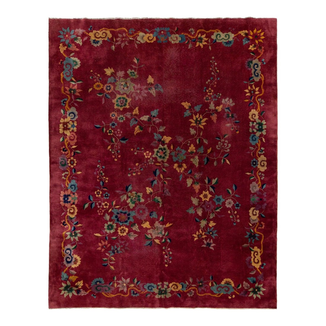 1920s Antique Art Deco Chinese Wool Rug 8'10 x 11'3 Floral Design: 1920s Antique Art Deco Chinese Wool Rug 8'10 x 11'3 Floral Design This exquisite antique Chinese Art Deco rug is hand-knotted from high-quality wool, showcasing a vibrant red background that is beauti