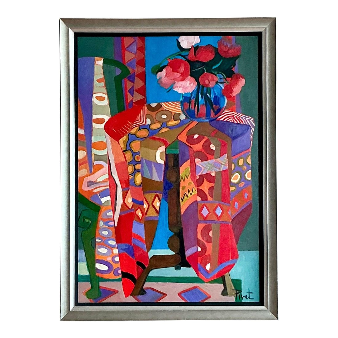 Vintage Signed Pivet Boho Abstract Oil Painting on Canvas 35 x 49: Vintage Signed Pivet Boho Abstract Oil Painting on Canvas 35 x 49 Experience a vibrant celebration of color and form with this oversized vintage abstract painting. Executed in oil on canvas and signed