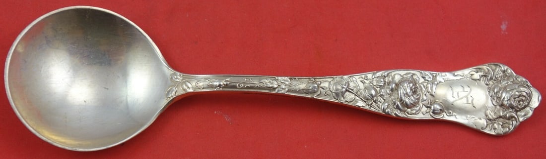 Shiebler American Beauty Sterling Silver Bouillon Soup Spoon 5.5": Shiebler American Beauty Sterling Silver Bouillon Soup Spoon 5.5" Discover the elegance of the American Beauty Bouillon Soup Spoon by Shiebler. Crafted from sterling silver, this exquisite spoon measu