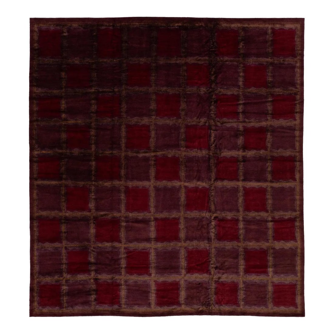 Contemporary Red Tibetan Wool Rug with Check Design 14'11'' x 14'11'': Contemporary Red Tibetan Wool Rug with Check Design 14'11'' x 14'11'' This exquisite Tibetan rug features a contemporary check pattern in rich brown, designed to captivate with its striking design. Cr