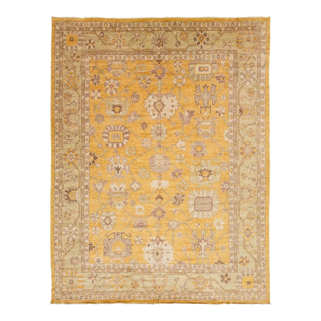 Hand-Knotted Wool Oushak Style Rug 11'8 x 15'1 Saffron and Sage: Hand-Knotted Wool Oushak Style Rug 11'8 x 15'1 Saffron and Sage This Modern Oushak Style hand-knotted wool rug is inspired by traditional Turkish designs, featuring a vibrant golden saffron field ador