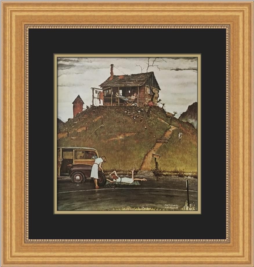 Norman Rockwell Fixing A Flat Custom Framed Art Print 1975: Norman Rockwell Fixing A Flat Custom Framed Art Print 1975 This stunning custom framed print titled "Fixing A Flat" by renowned artist Norman Rockwell captures a quintessential Americana moment. Measu