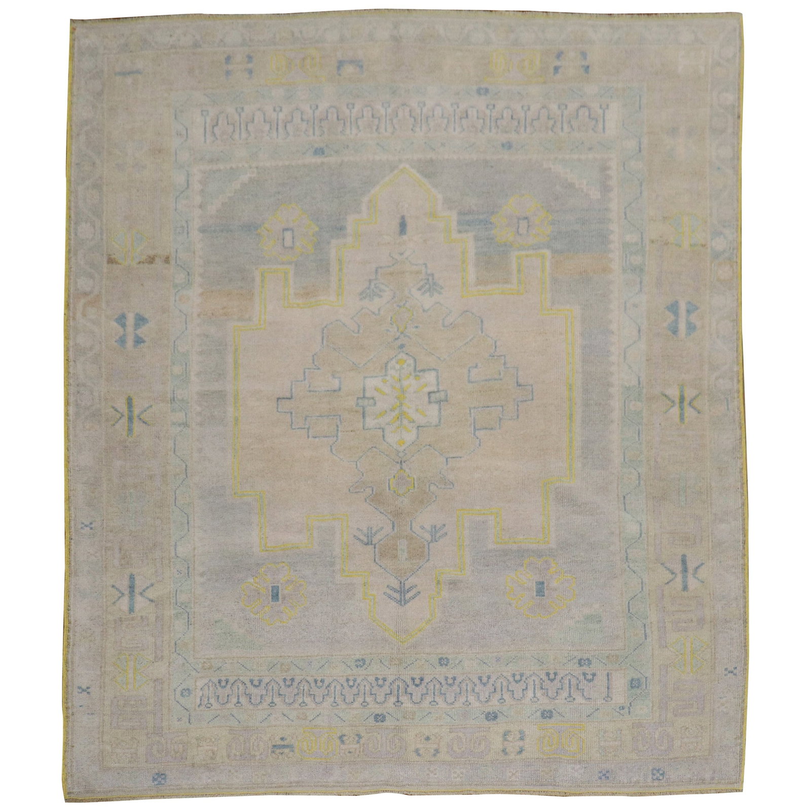 Unique Vintage Turkish Oushak Rug Hand-Knotted Wool Futurist Style: Unique Vintage Turkish Oushak Rug Hand-Knotted Wool Futurist Style Discover a unique piece of art for your floor with this Square Vintage Turkish Oushak Rug. This one-of-a-kind hand-knotted rug