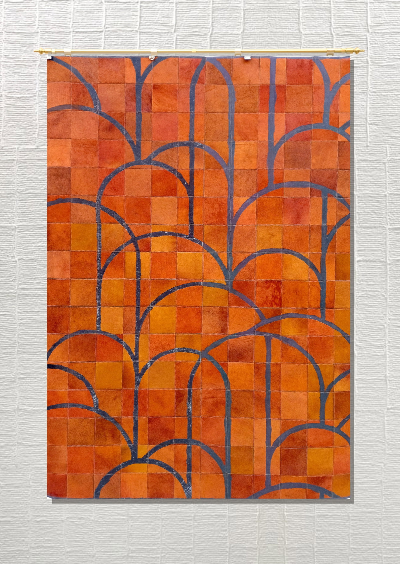 Handmade Arch Patchwork Cowhide Leather Rug Burnt Orange Indigo 3FT x 5FT: Handmade Arch Patchwork Cowhide Leather Rug Burnt Orange Indigo 3FT x 5FT Free continental US Shipping This handmade area rug is crafted from 100% genuine hair-on cowhide leather, featuring an eye-cat