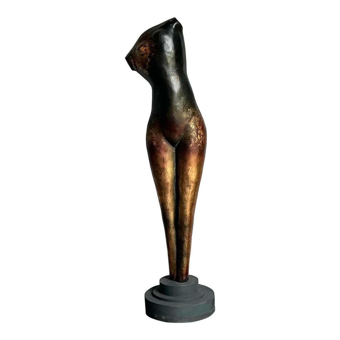 Monumental Abstract Woman Sculpture in Boho Style Bronze Patina: Monumental Abstract Woman Sculpture in Boho Style Bronze Patina This vintage boho monumental abstract figurative sculpture features an elongated female form with graceful curves and a textured metalli