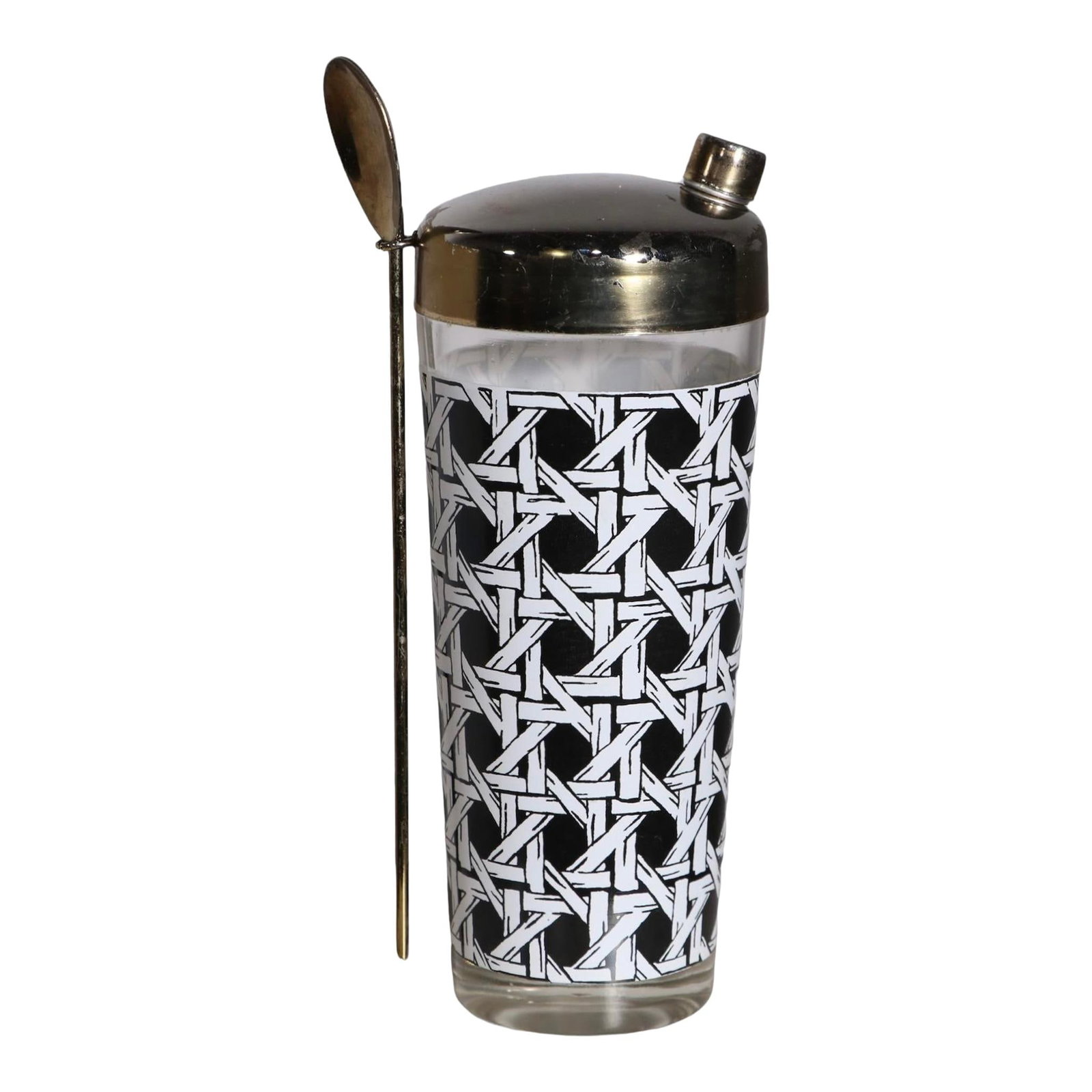 Mid Century Glass Cocktail Shaker Black White Basket Weave With Stir Spoon (1 of 8)