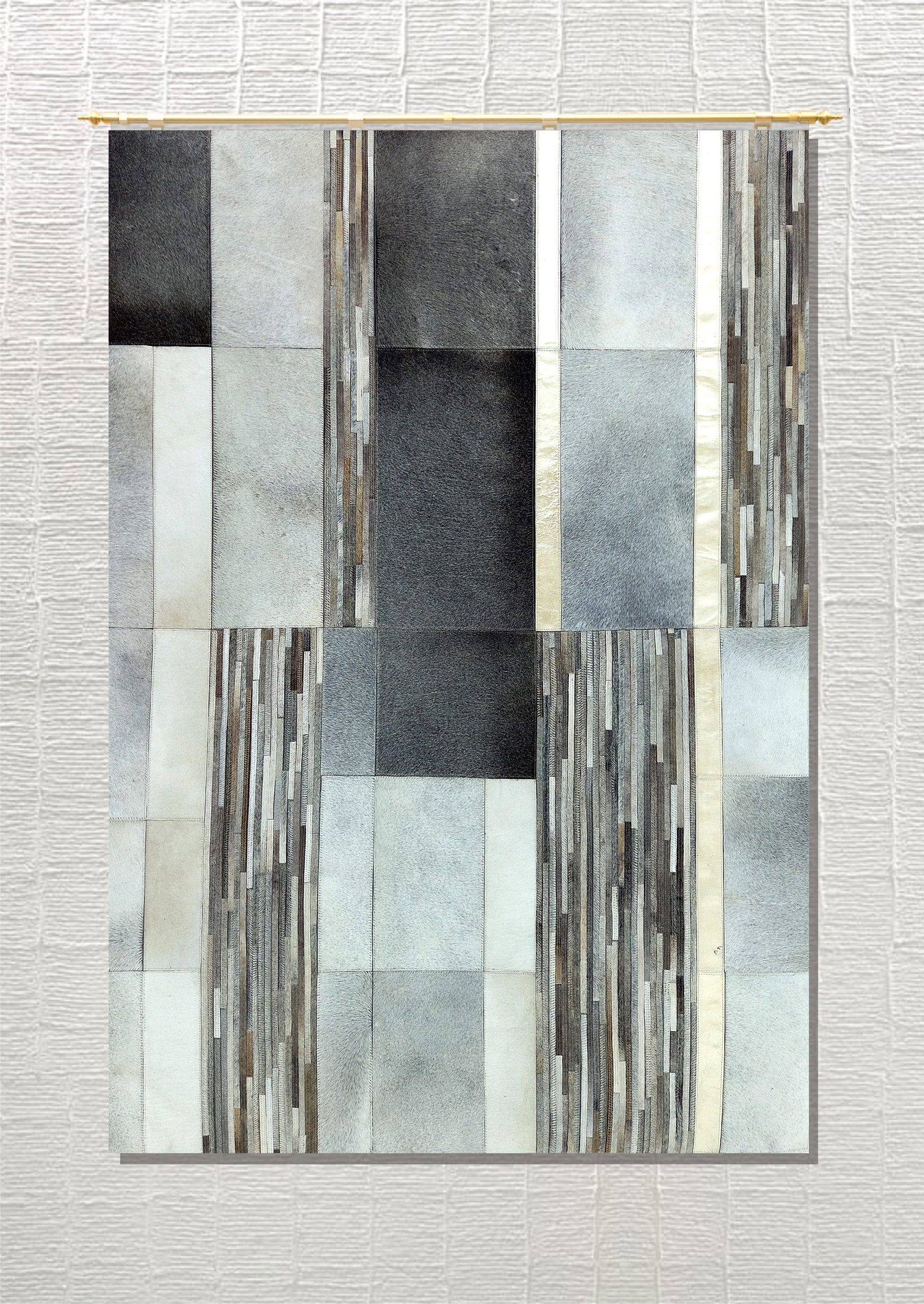 Handmade Silver Slate Striped Patchwork Cowhide Leather Rug 3FT x 5FT: Handmade Silver Slate Striped Patchwork Cowhide Leather Rug 3FT x 5FT Free continental US Shipping This handmade area rug features a striking industrial striped patchwork design crafted from 100% genu