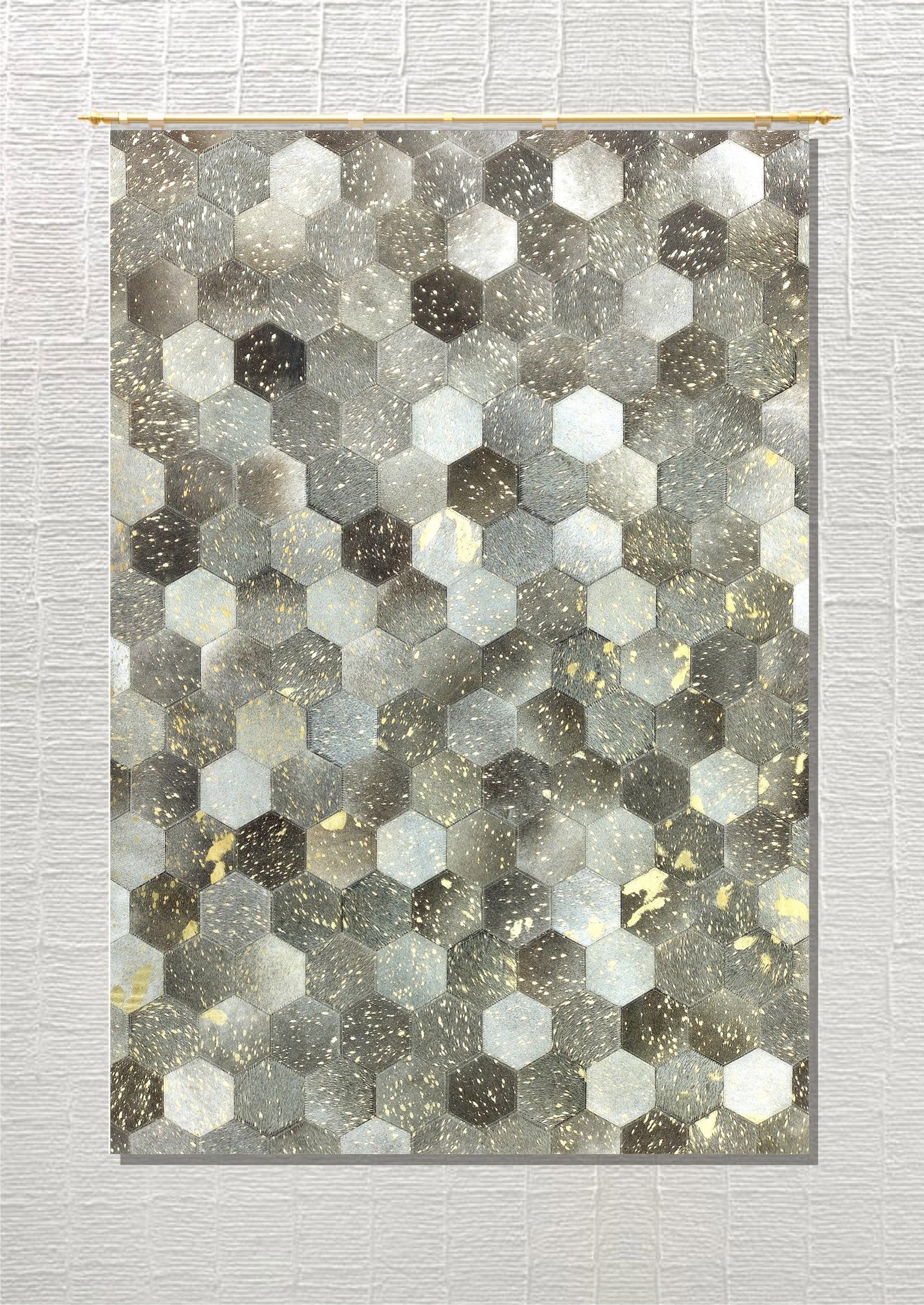 Handmade Silver Charcoal Metallic Hexagon Cowhide Leather Area Rug 3FT x 5FT: Handmade Silver Charcoal Metallic Hexagon Cowhide Leather Area Rug 3FT x 5FT Free continental US Shipping This handmade area rug features a geometric hexagon patchwork design crafted from 100% genuine